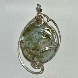 Vintage Wire-wrapped Hand-carved Jade Dragon Pendant